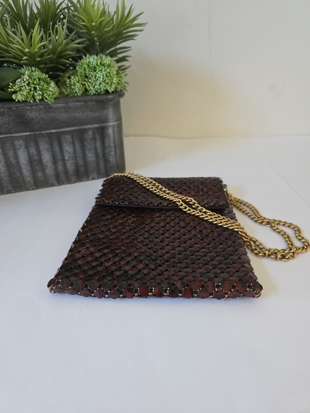 Vintage Whiting & Davis Red Brown Tortoise Enameled Metal Mesh Shoulder Bag - Picture 8 of 11
